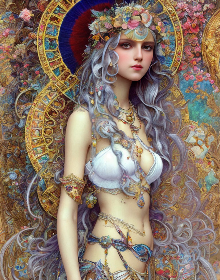 Fantasy illustration: Female figure with violet hair, ornate jewelry, floral headdress, colorful background