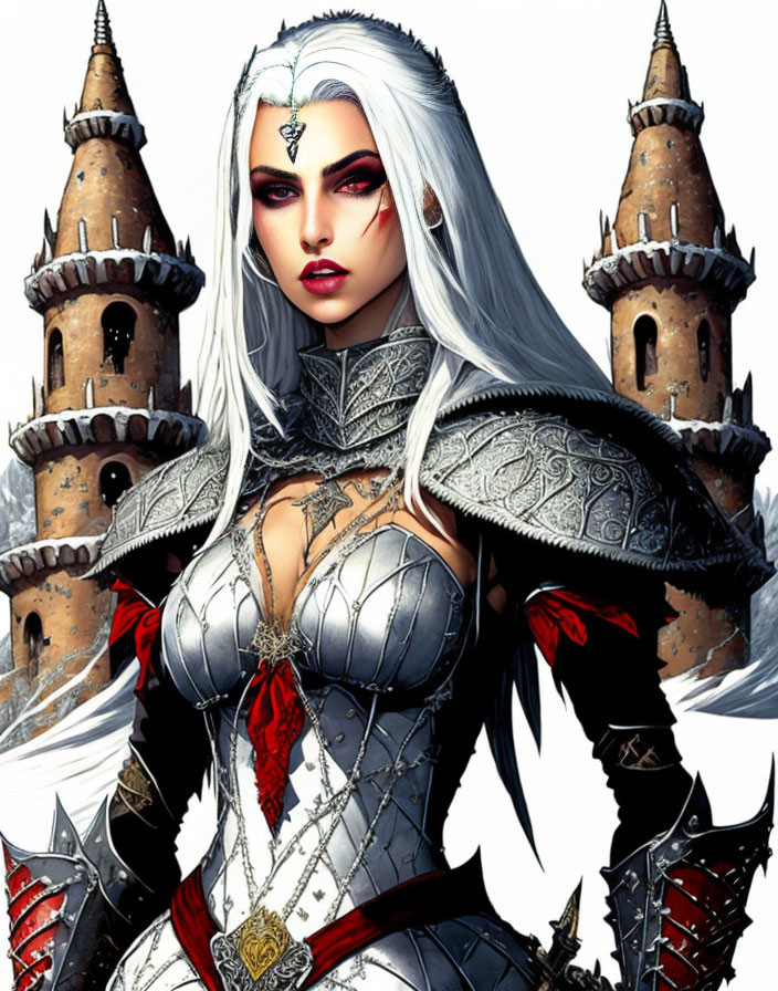 White-haired female warrior in silver and red armor before castle background