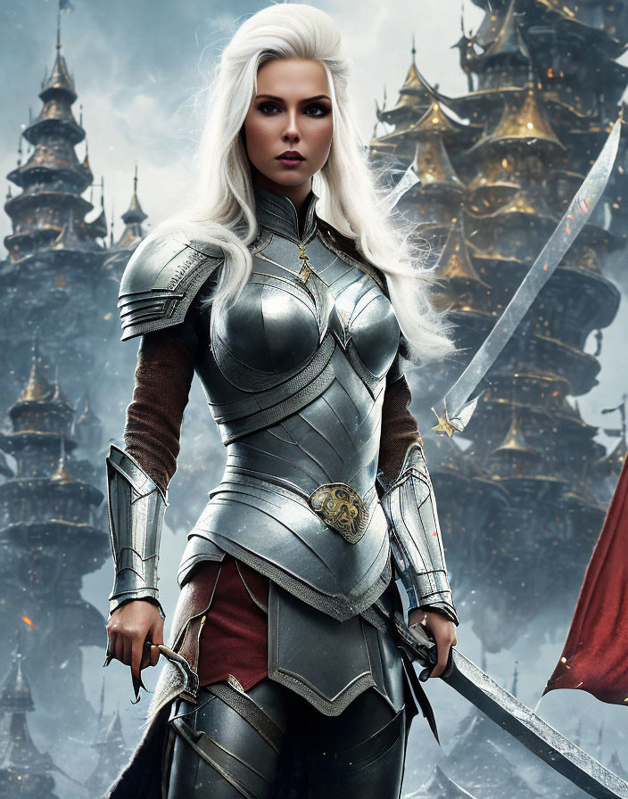 Silver-armored woman with sword and white hair in front of dark castle.