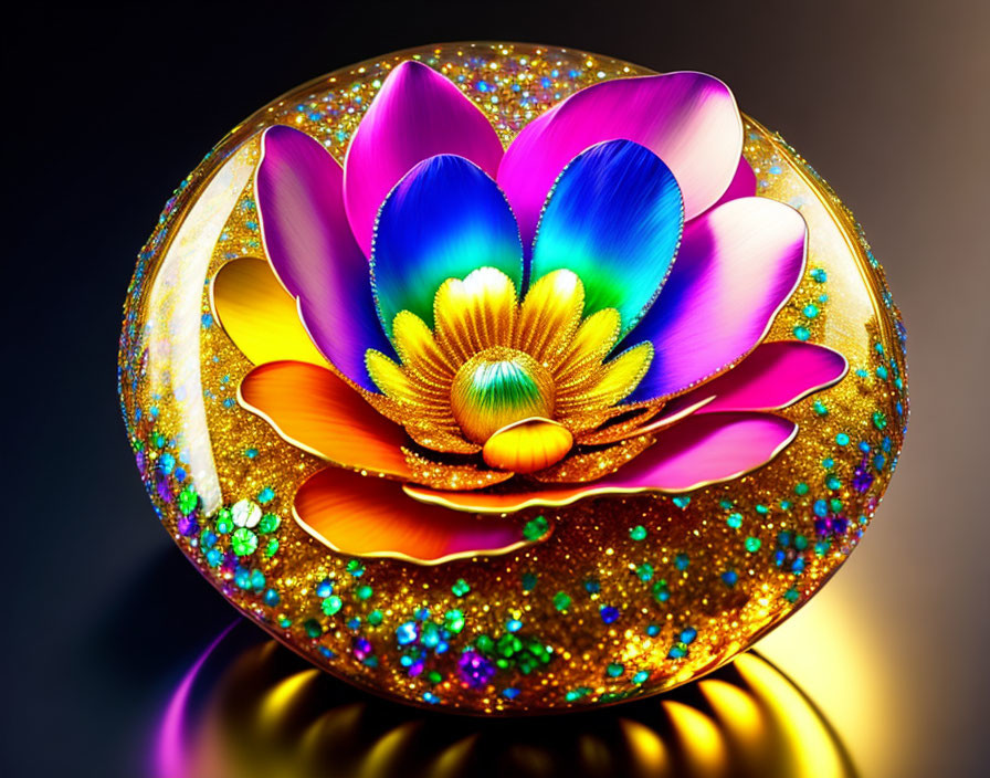 Colorful Lotus Flower Artwork in Golden Sphere with Bokeh Background