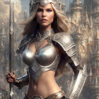 Warrior Woman in Silver Fantasy Armor with Spear and Crown-like Helmet in Front of Majestic Castle