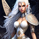 White-haired female warrior in silver ornate armor in forest setting