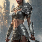 White-haired female warrior in silver armor with sword in mystical setting