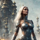 Silver-haired woman in armor against ethereal backdrop with spires symbolizes strength and fantasy