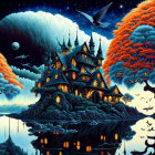 Fantastical night scene: illuminated castle, orange trees, floating islands, creatures, crescent moon