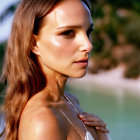 Woman with sun-kissed skin in white top and necklace gazes serenely.