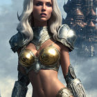 Fantasy image of woman in silver armor with white hair and castle against cloudy sky