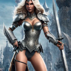 Warrior woman in silver armor with sword and castle in background