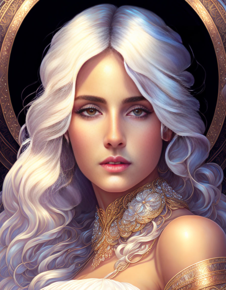 Portrait of Woman with Platinum Blonde Hair and Gold Jewelry