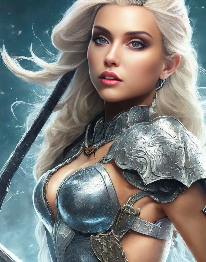 Blonde woman in silver armor with blue eyes and snowy background