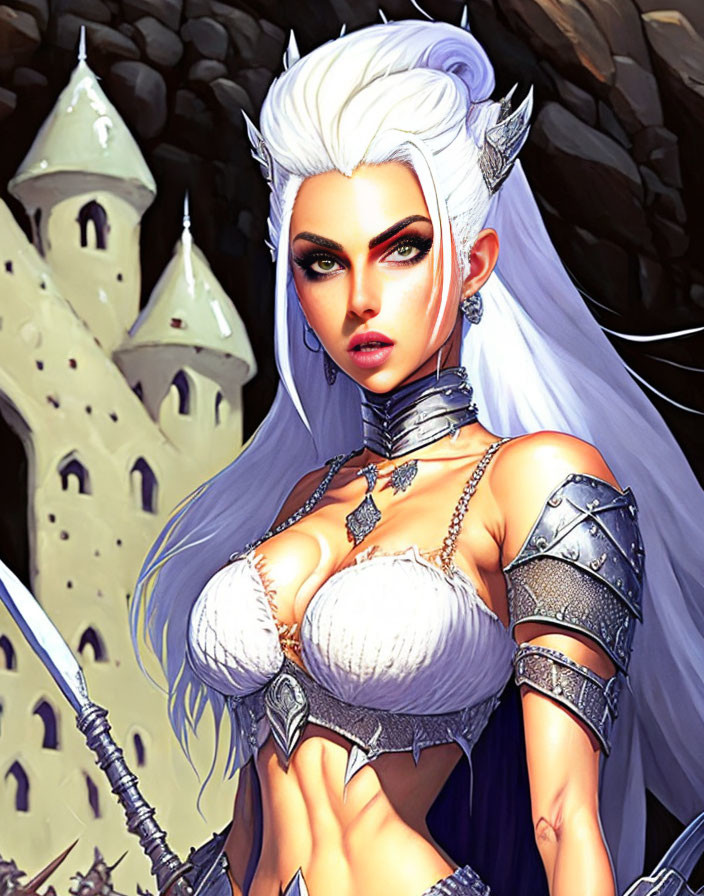 Fantasy female elf with white hair and silver armor in front of castle