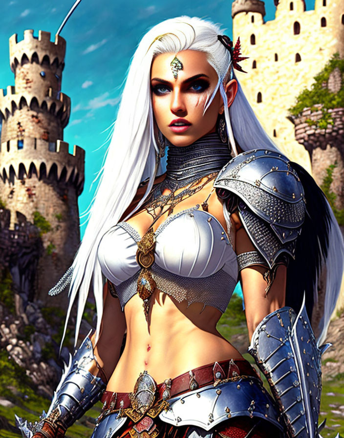 White-Haired Female Warrior in Silver Armor with Castle Backdrop