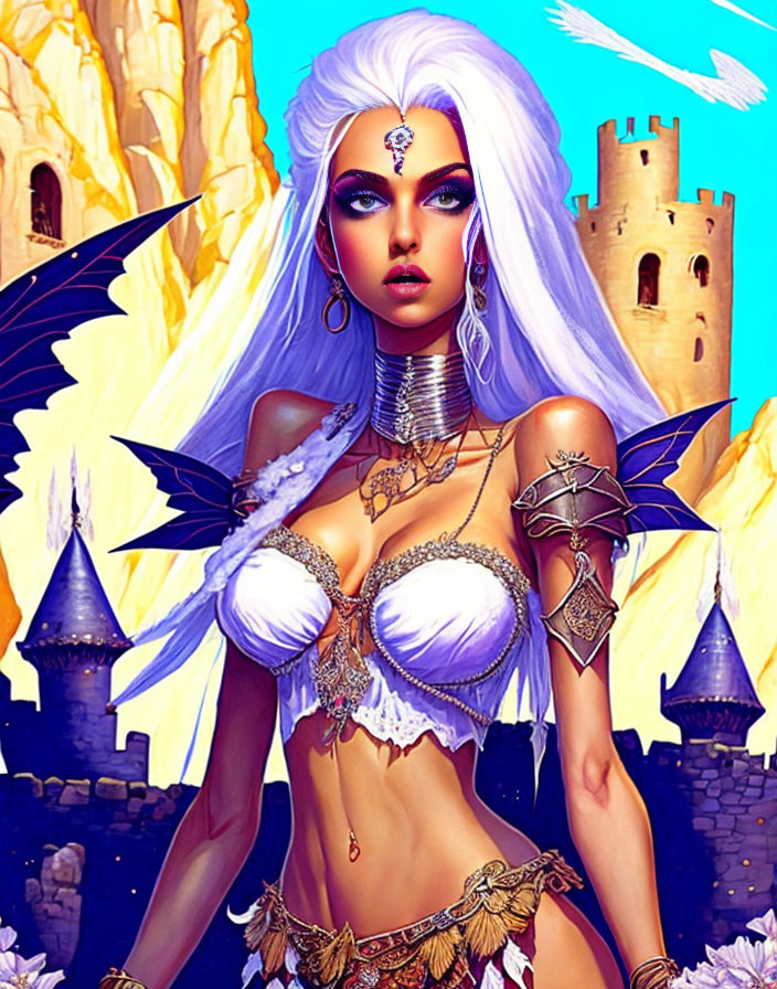 Fantasy Female Character with White Hair and Blue Skin in Exotic Attire Against Golden Cliffs and