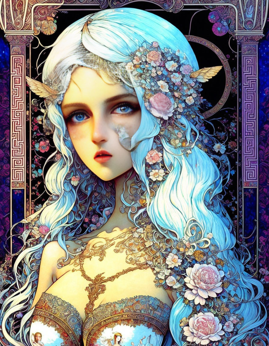 Fantastical woman with blue hair and elfin ears in ornate attire