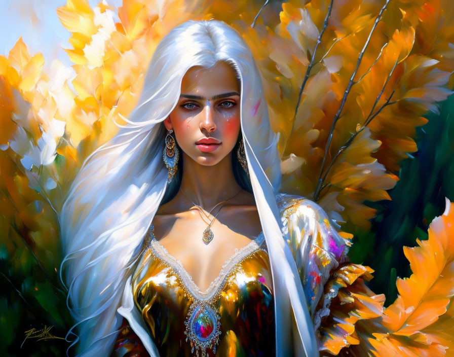 Digital painting of woman with long white hair and blue eyes in jeweled gown amidst autumn leaves.