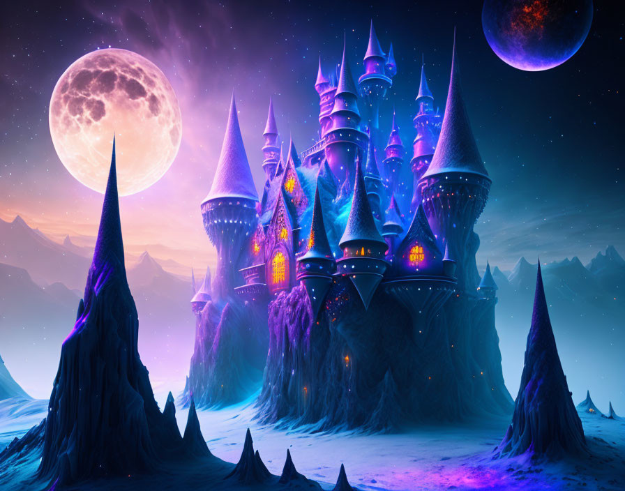 Enchanting castle with spires under moonlit sky