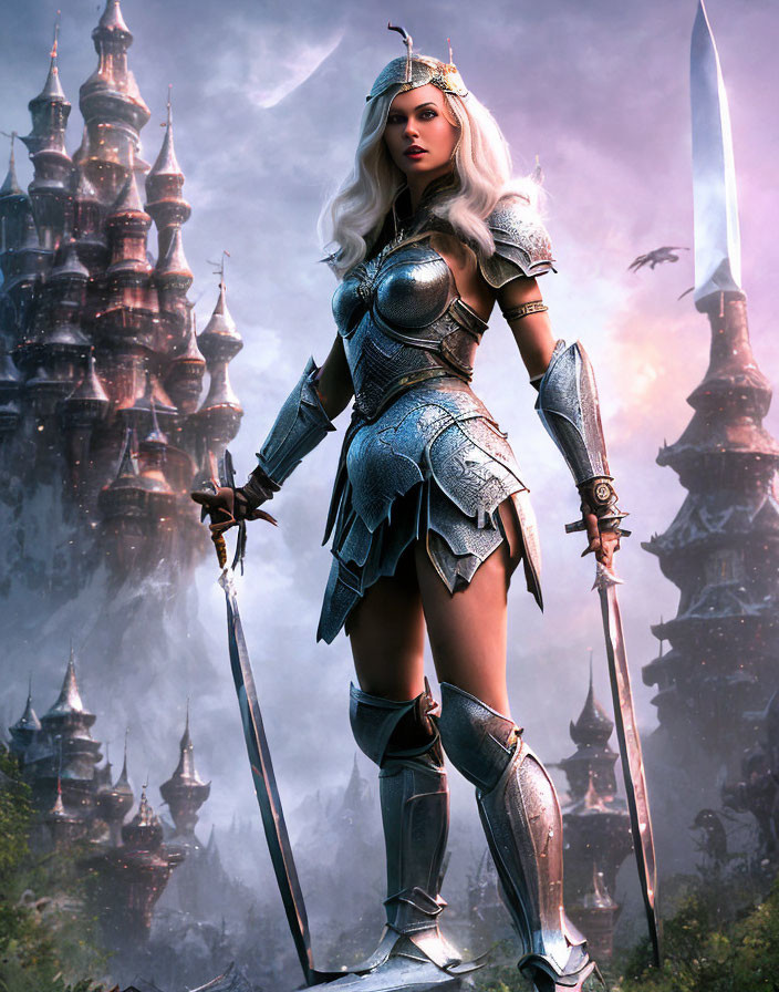 Female warrior in fantasy armor with sword and staff, mystical castle in mist.