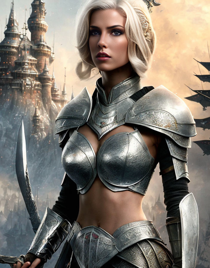 Female warrior in silver armor with sword in front of fantasy castle