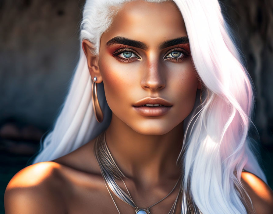 Fantasy female character with blue eyes, white hair, and silver jewelry