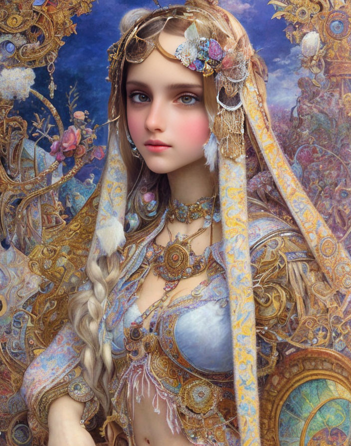 Fantasy-themed artwork: Woman with braided hair, ornate golden garments, and floral headpiece