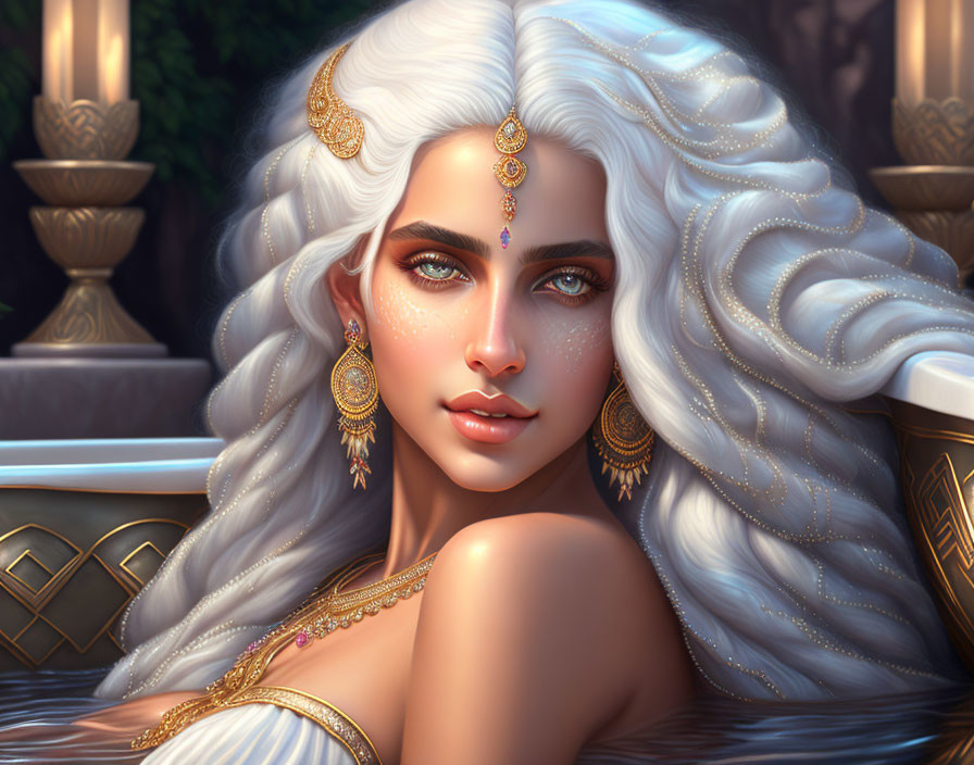 Digital artwork: Pale-skinned woman with blue eyes and white hair, wearing gold jewelry