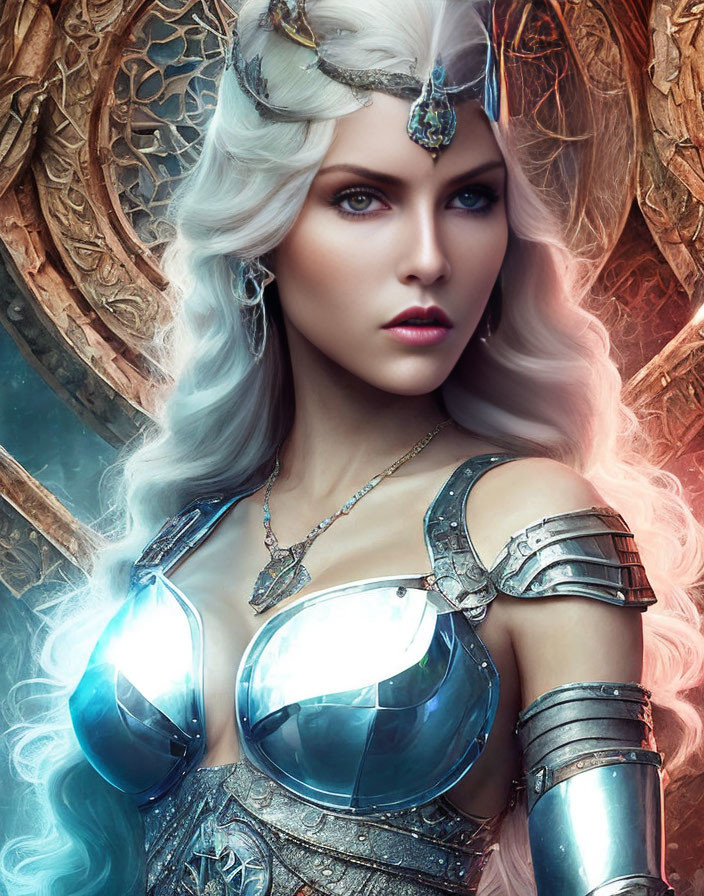 Silver-Haired Female Fantasy Character in Armor with Blue Eyes and Ethereal Glow