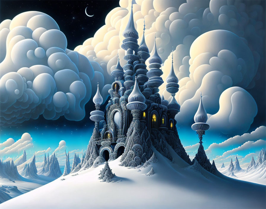 Fantastical castle with ornate spires on snowy hill under starry sky
