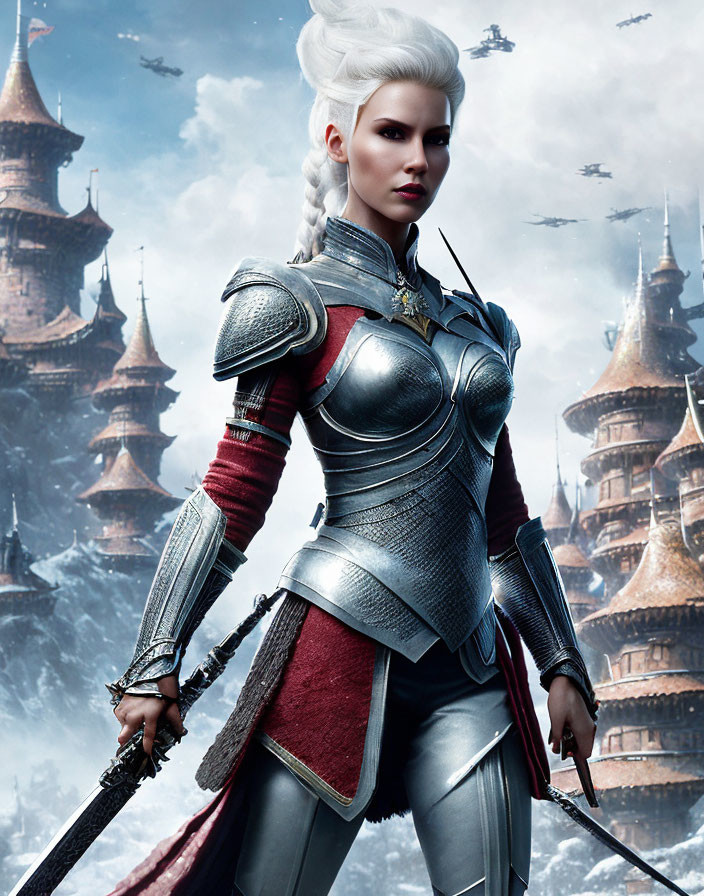 Female Warrior in Silver Armor Wielding Sword in Fantasy Setting