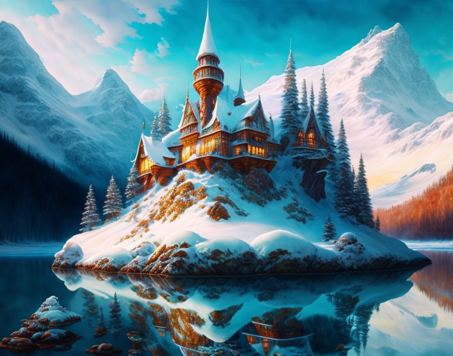 Majestic castle with spires in snowy landscape, mirrored in water, mountains in background