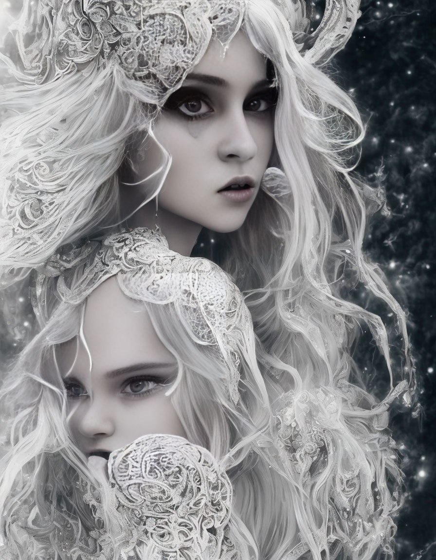 Ethereal figures with white headpieces and flowing hair in mystical setting