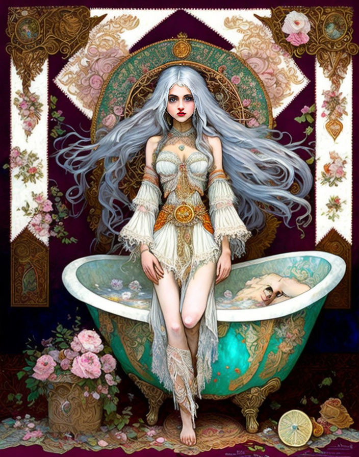 Fantasy illustration of woman in ornate bathtub surrounded by flowers