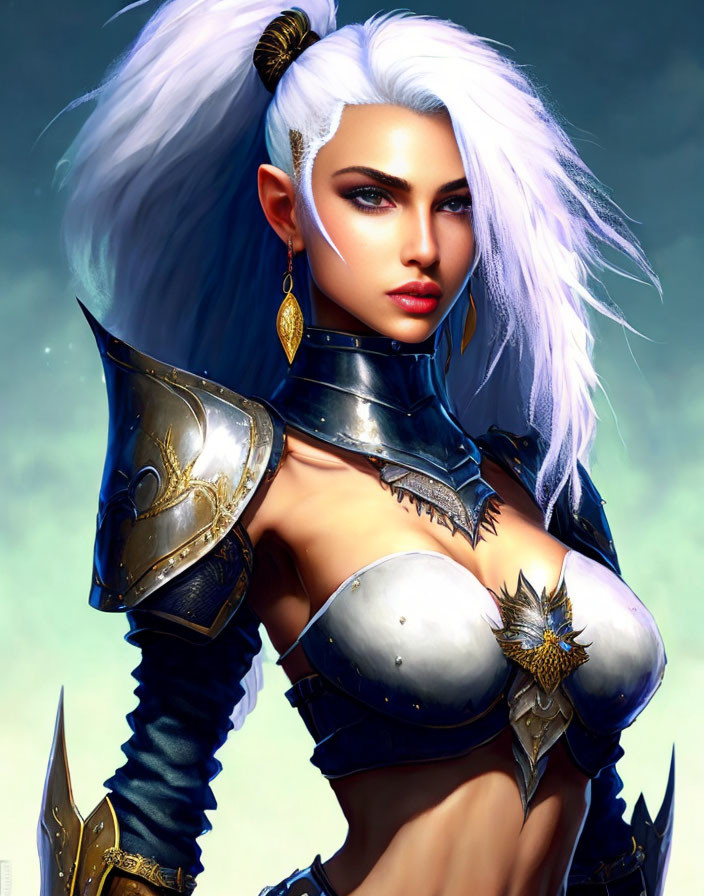 Fantasy digital artwork: Female warrior with white hair, blue armor, gold dagger