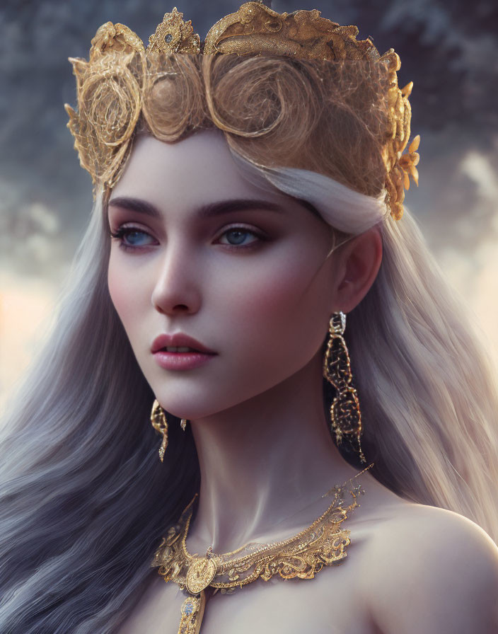 Woman with Blue Eyes and Silver Hair Wearing Golden Crown and Jewelry