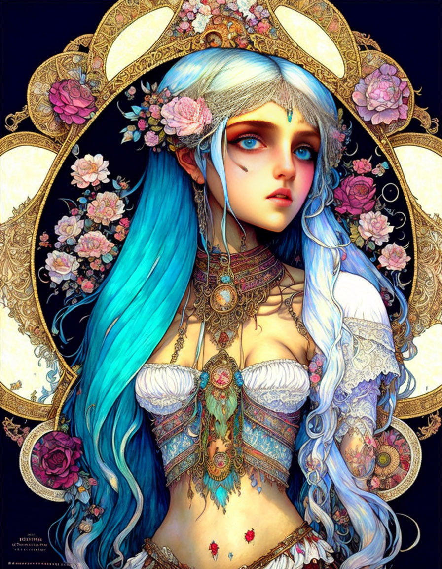 Fantasy figure with blue hair and gold headdress in ornate jewelry against floral backdrop