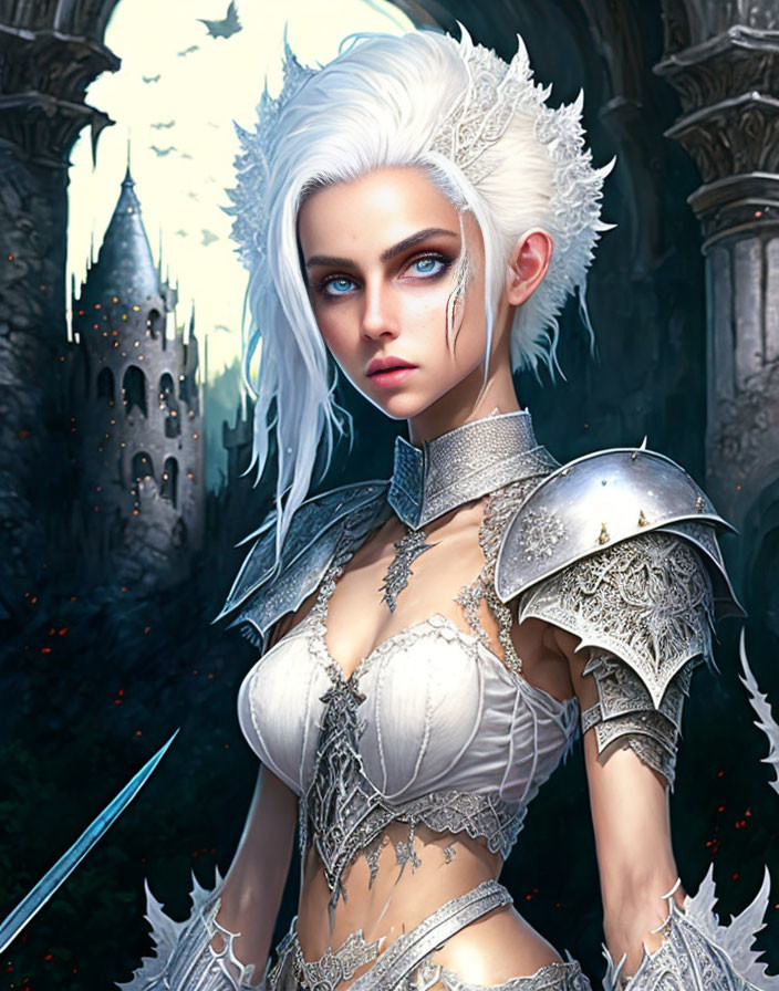 Fantasy female warrior with white hair and blue eyes in silver armor against gothic castle.