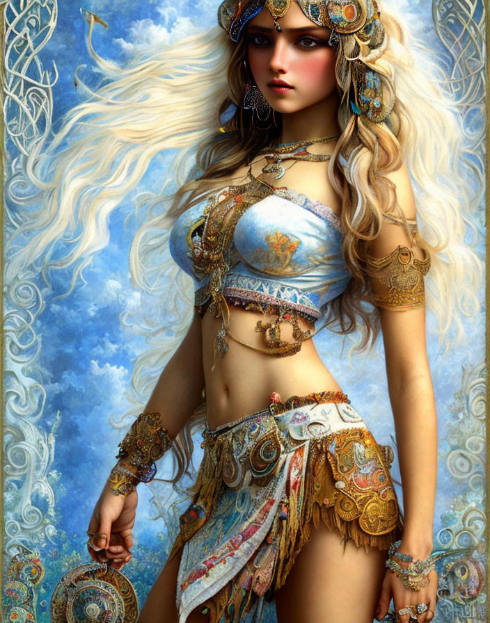 Fantasy female character with blonde hair in blue and gold attire against cloudy sky