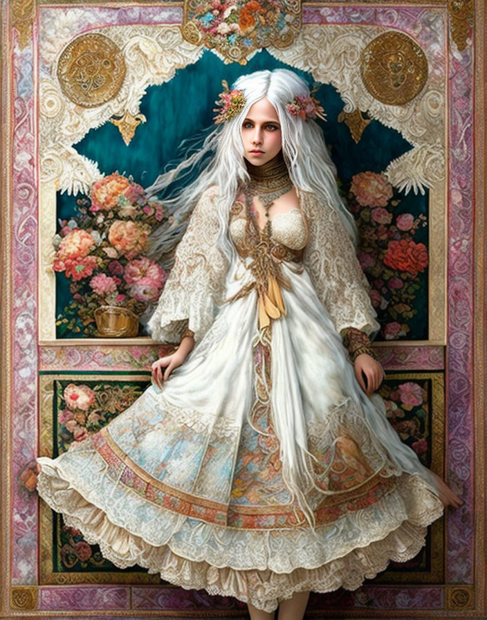 Fantasy-inspired image of woman with white hair and floral crown in intricate dress.