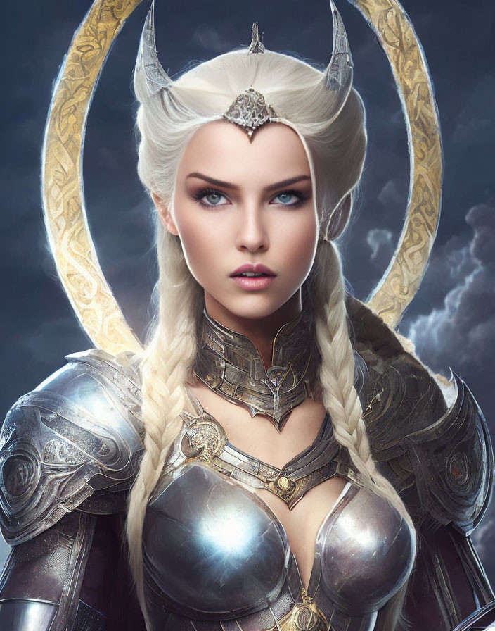 Platinum Blonde Female Warrior in Silver Armor and Golden Headpiece