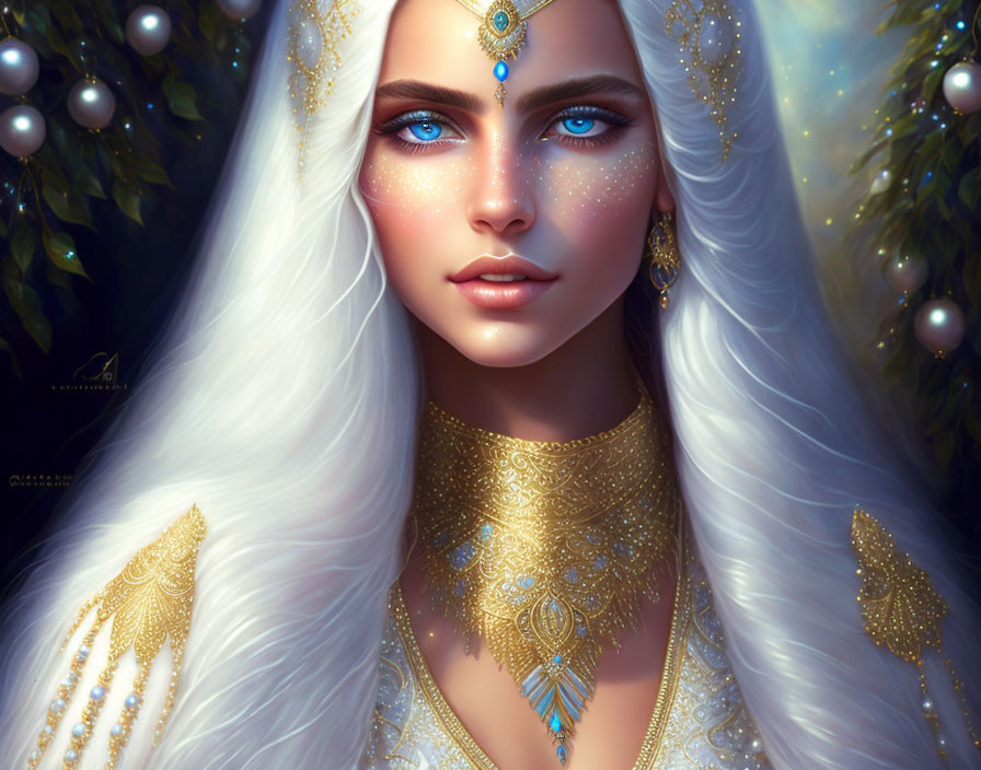 Illustration: Woman with Long White Hair, Blue Eyes, Jeweled Headpiece, Gold Jewelry in