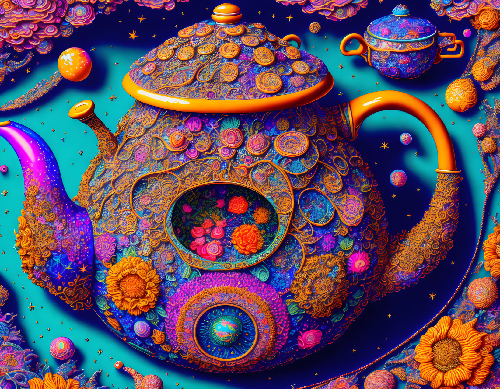 Colorful Ornate Teapot in Psychedelic Space with Swirls and Flowers