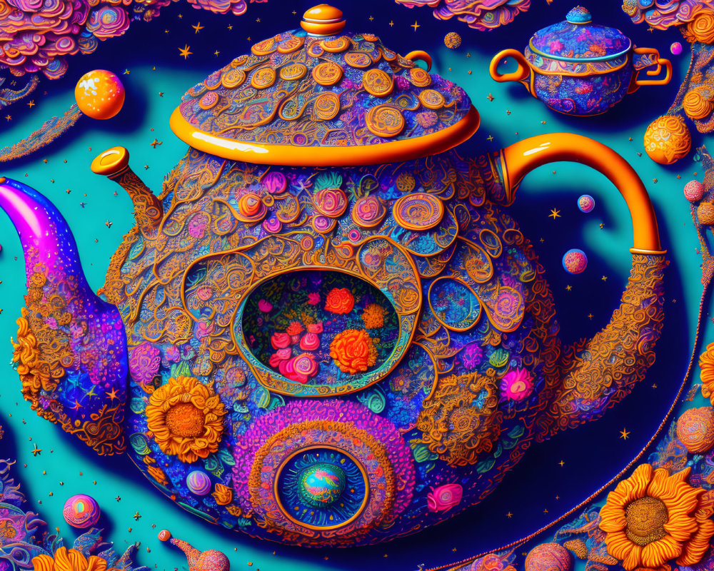 Colorful Ornate Teapot in Psychedelic Space with Swirls and Flowers