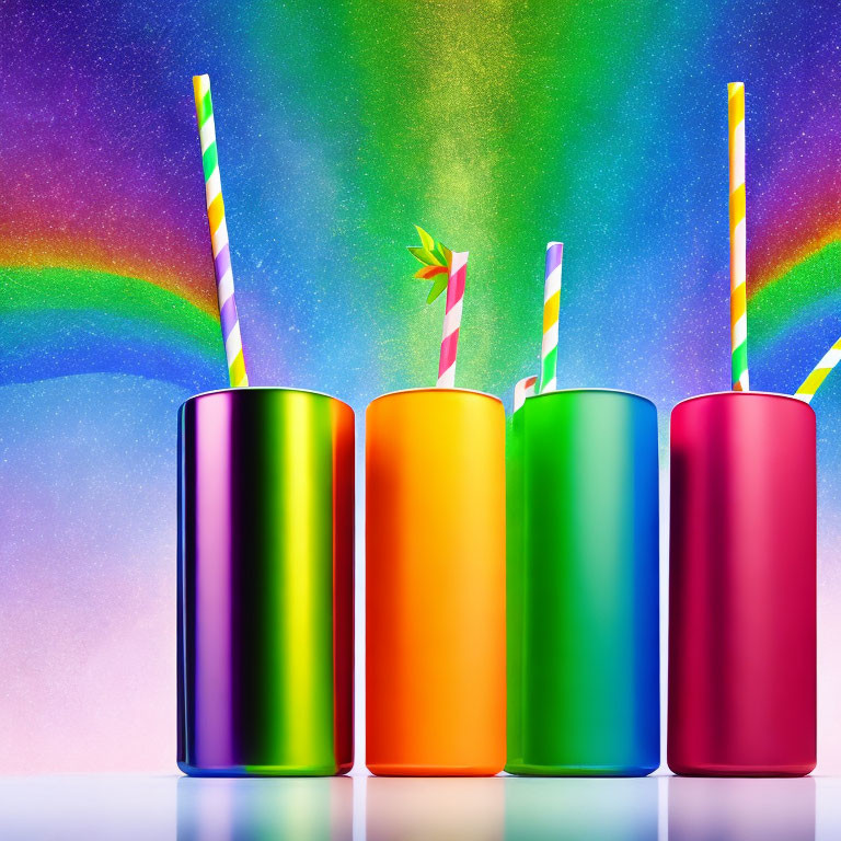 Colorful Cups with Striped Straws on Rainbow and Glittery Background