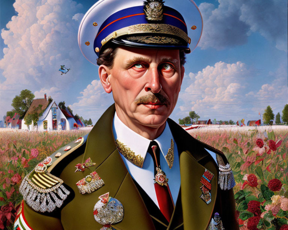 Hyperrealistic Painting of Man in Military Uniform with Medals in Pastoral Setting