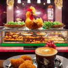 Colorful painting of smiling waitress with food displays under warm lighting