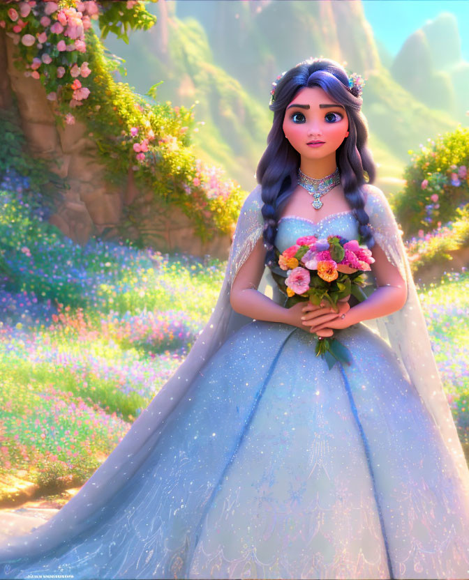 Long-haired animated princess in flower-filled glade with bouquet