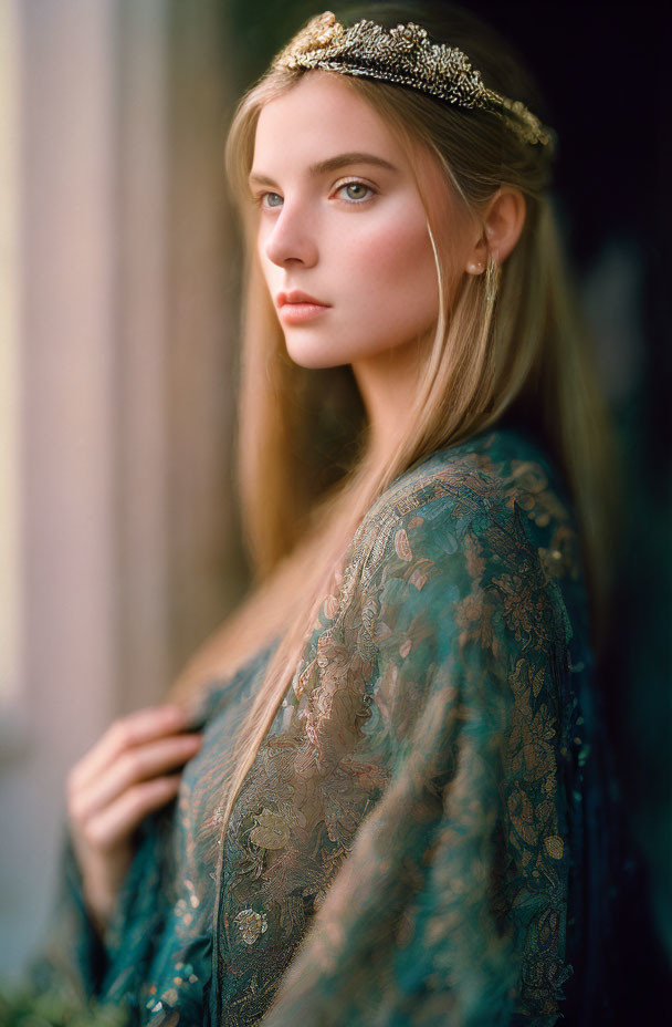 Woman in Green Lace Garment with Golden Headpiece and Earrings gazes at Camera