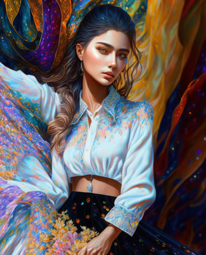 Colorful Digital Artwork: Woman with Flowing Garments & Detailed Hair