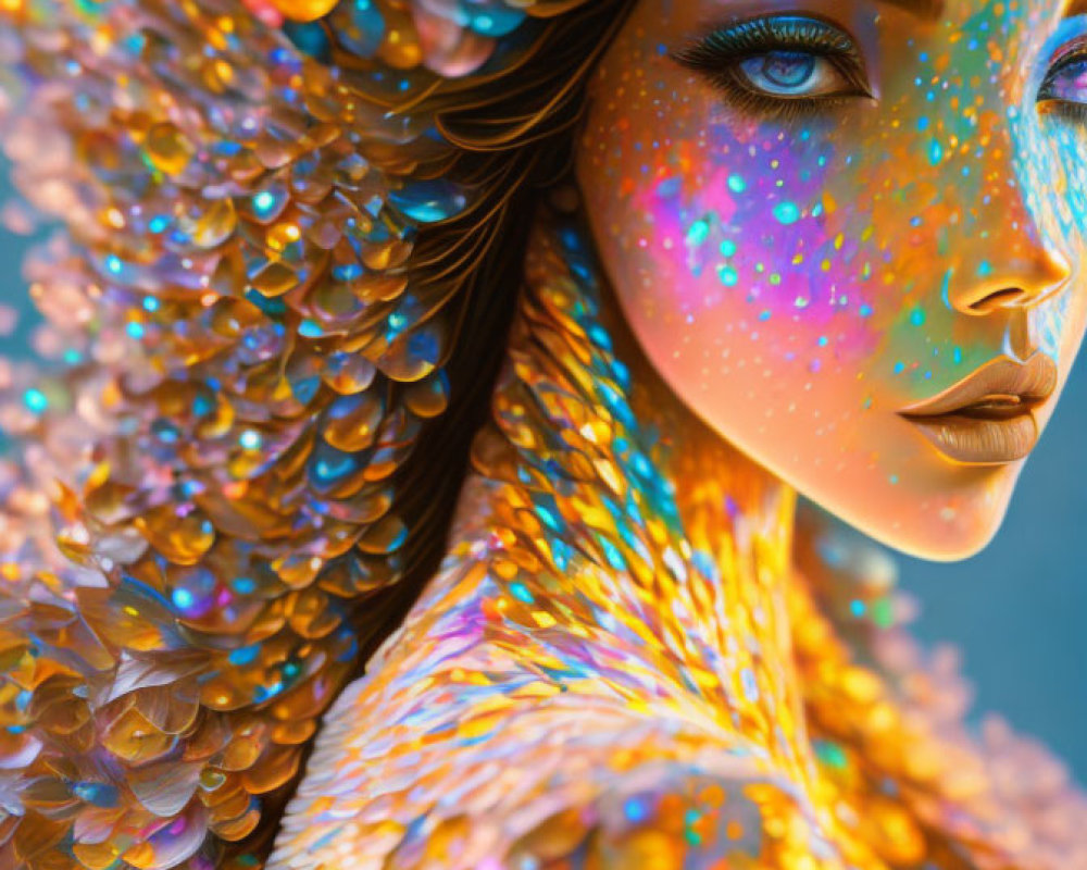 Digital artwork: Woman with iridescent scales, resembling a mythical siren or mermaid, deep