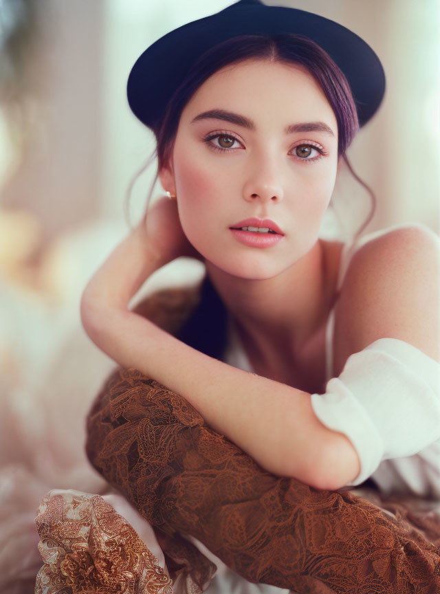 Portrait of woman in black hat and white blouse with lace sleeve against warm background