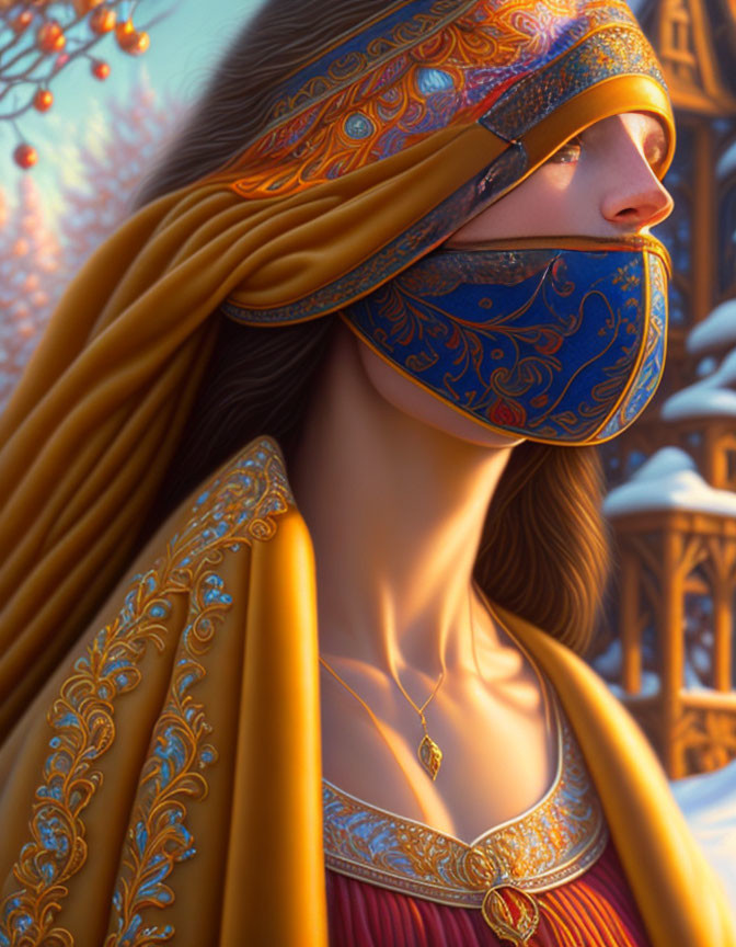 Illustrated woman in blindfold and ornate golden cloak against snowy backdrop